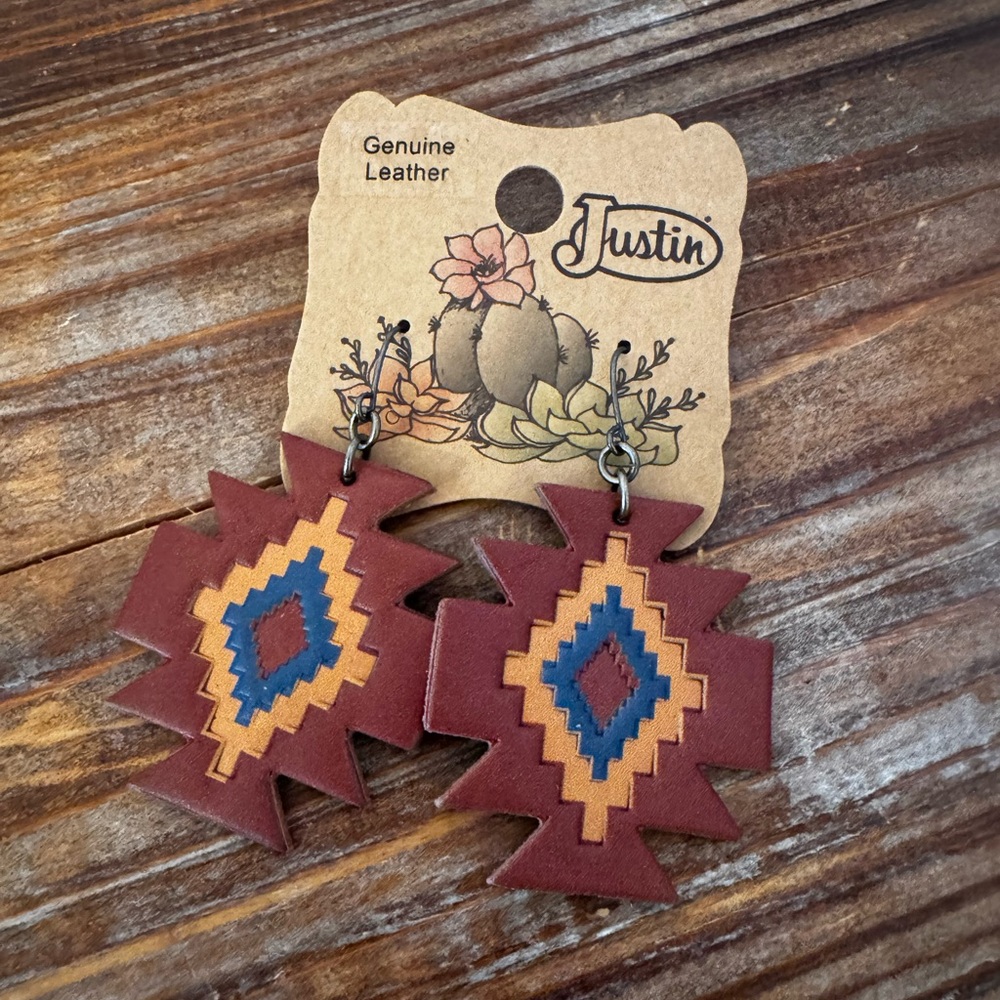 Justin Boots Southwestern Blue Tan and Brown Earrings New! Geometrical Design